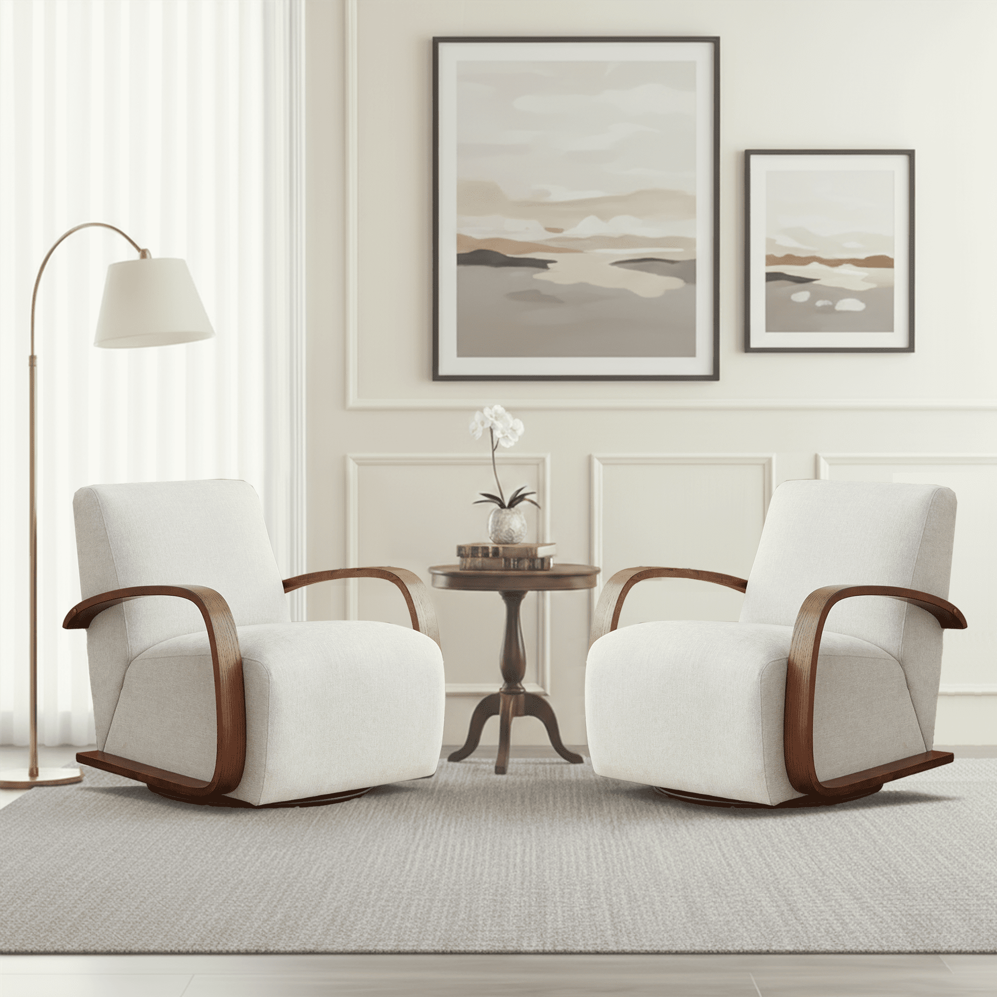 Spruce & Spring Modern Swivel Accent Chair with U-Shaped Wood Arms Single, Linen&Walnut