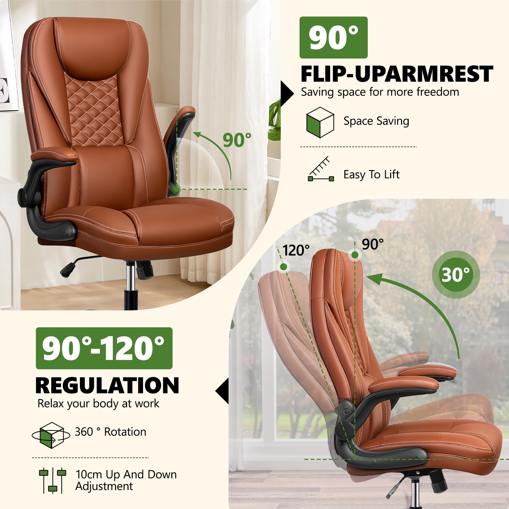 COOLHUT Big and Tall Office Chair, Executive Home Office Desk Chairs, Ergonomic Computer Faux Leather Desk Chair with Adjustable Flip-Up Arms, Lumbar Support Swivel Task Chair, Brown