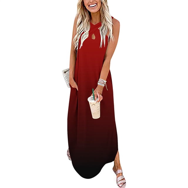 SMihono Été Boho Maxi Robe pour les Femmes Plus Size Femmes Imprimé Cou Sans Manches devant Longue Robe Plage Swing Sundress