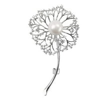 Stunning Long Stem Pearl CZ Dandelion Flower Brooch Pin Taraxacum Jewelry