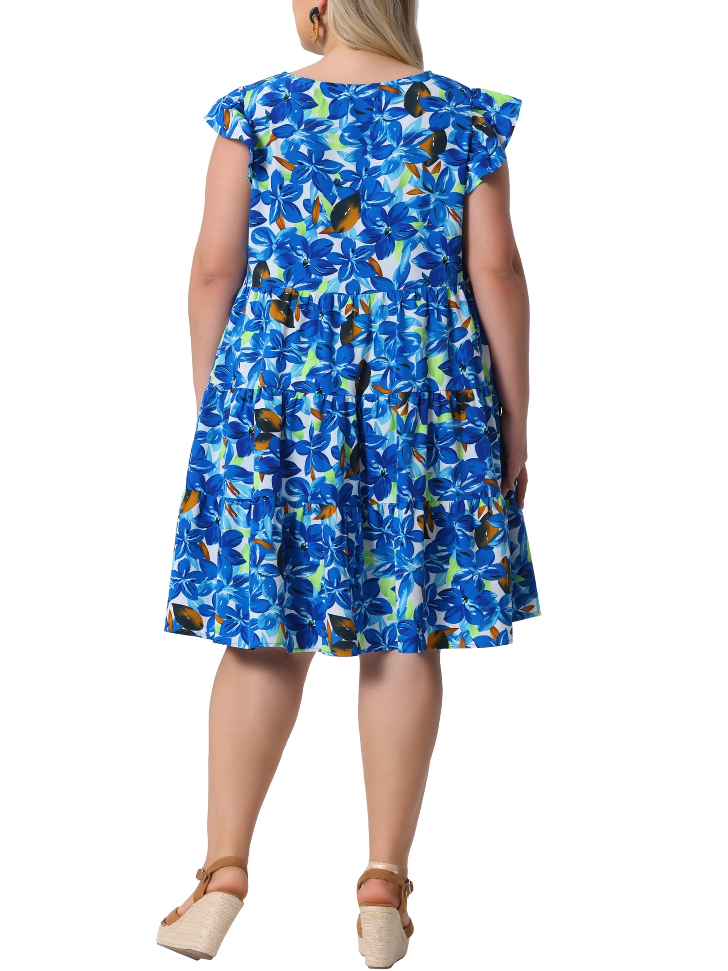 DARING DIVA Plus Size Boho Flutter Sleeves Round Neck Floral Print Dress 3X Blue