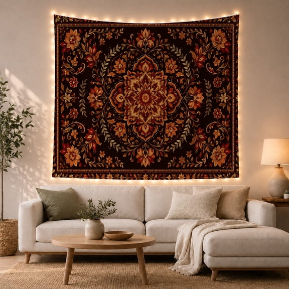 Symmetrical Floral Mandala on Dark Brown Background, Mystical Boho for Meditative Decor Enthusiasts, Ornate Wall Art, Housewarming Gift, Tapestry Wall Hanging for Bedroom and Living Room
