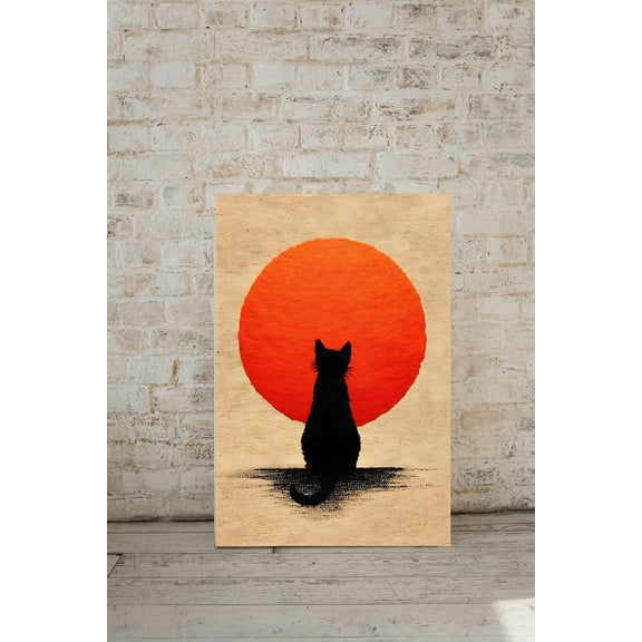 Minimalist Black Cat Poster Sunset Wall Art Boho Cat Silhouette Poster, Japanese Zen Style Decor Modern Animal Illustration, Unframed Poster Size 8x12