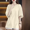 thumbnail image 4 of Fengqque Women's Plus Size Short Sleeve T-Shirts Round Neck Solid Color Loose Tops Summer Basic T-shirt Beige XL(XL), 4 of 5