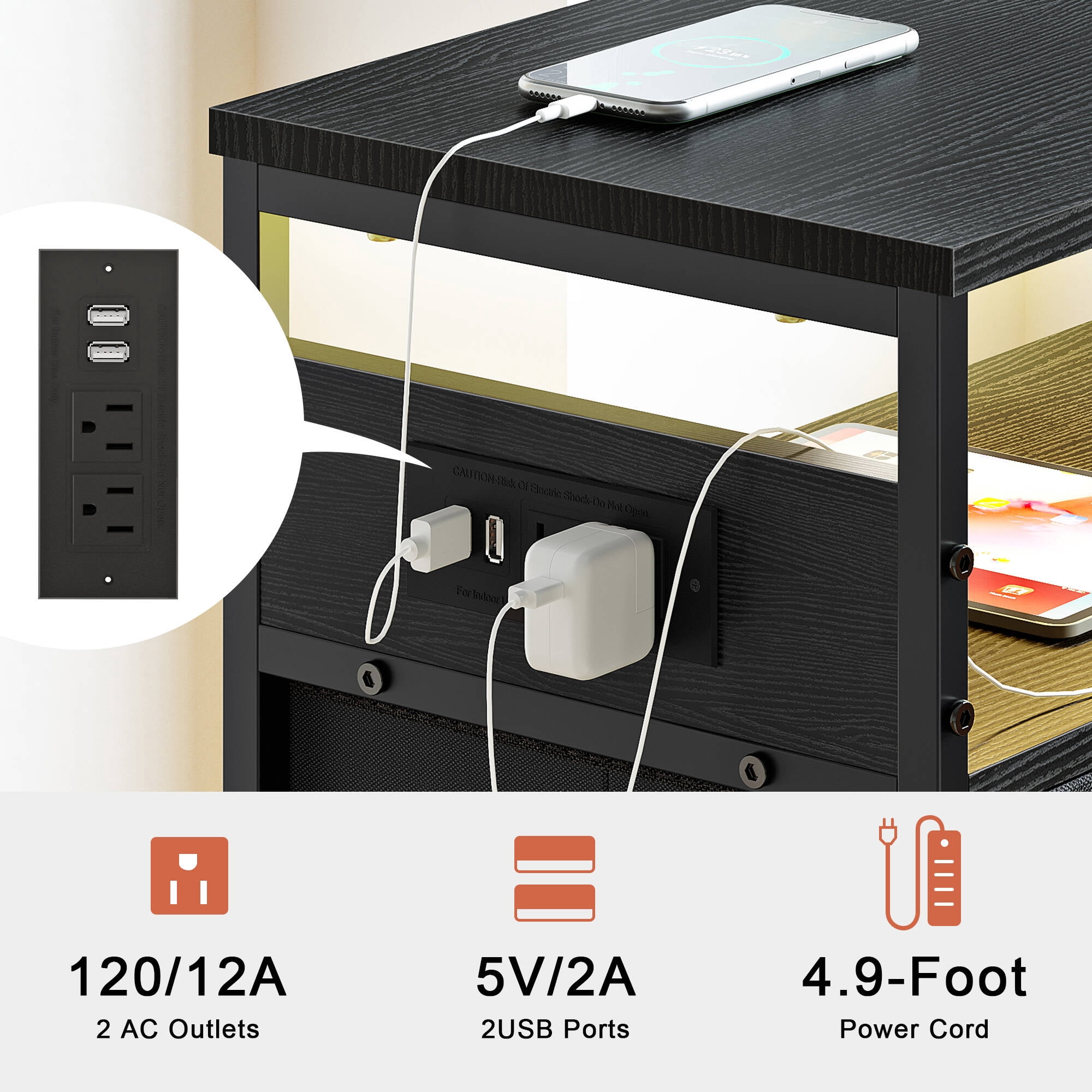 GUNAITO Led Nightstand Set of 2 with 4 Drawers Bedside Table with Charging Station Wide End Table with Storage Shelf for Living Room,Gray