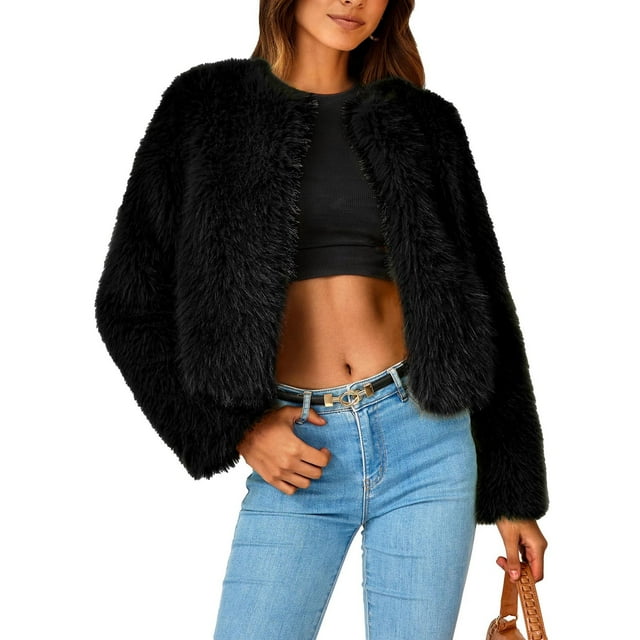 EGNMCR Manteau Femme en Molleton Duveteux Col Rabattu Fausse Fourrure Haut Court Manteau Ample Fausse Fourrure