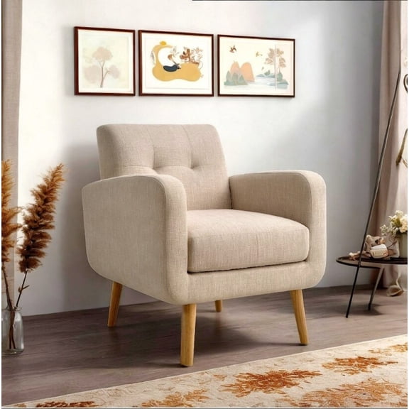 Mid-Century Modern Accent Armchair, Upholstered Fabric Living Room Chair with Deep Seat, Padded Arms & Rubber Wood Legs, Beige