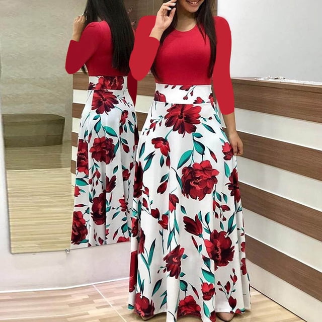 ICHUANYI Clearance Women Summer Long Sleeve Floral Printed Casual Patchwork Dress Maxi Dress(Red, XXL) ICHUANYI WER2023081108015