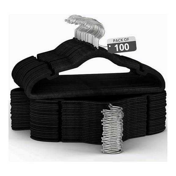 100 Pack Black Hangers - Slim Velvet Hangers for Clothes - Space Saving Coat Hangers for Shirts, Pants, Dresses, Suits & Skirts