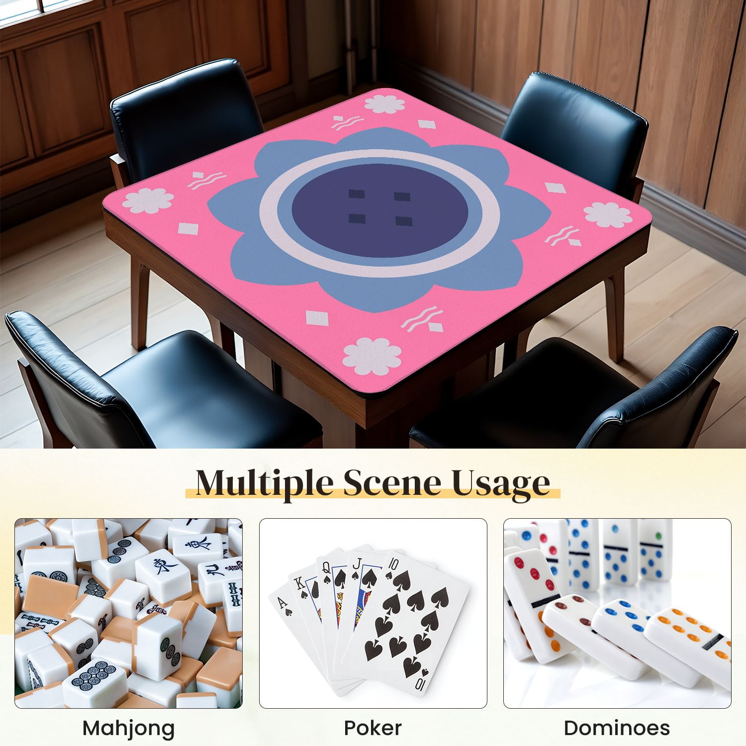 Mahjong Mat 31.5" x 31.5" Geometric Floral Blue Tones Pink Anti-Slip and Noise Reduction Symmetry Design Mahjong Tiles Table Cover for Dominoes Poker Card Board and Tile Games