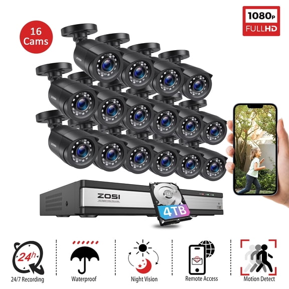 ZOSI 16CH H.265  5MP Lite DVR 1080P Home Security Camera System 4TB, Waterproof Outdoor Wired Surveillance Cameras with IR Night Vision, 24/7 Record