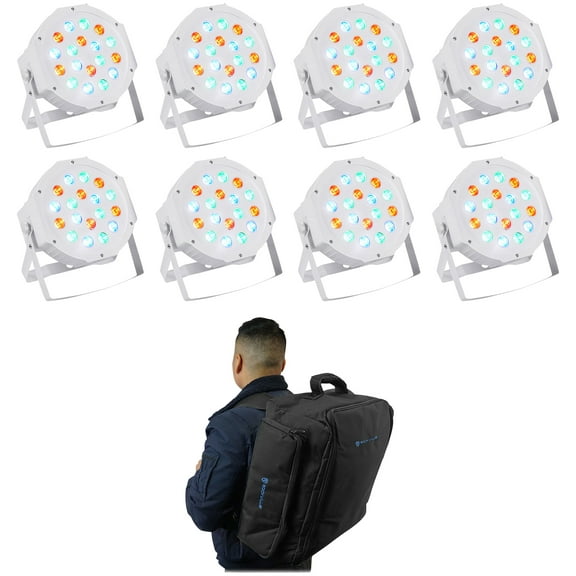(8) Rockville RockPAR50 White LED RGB Par Can DMX DJ Wash Up-Lights Backpack