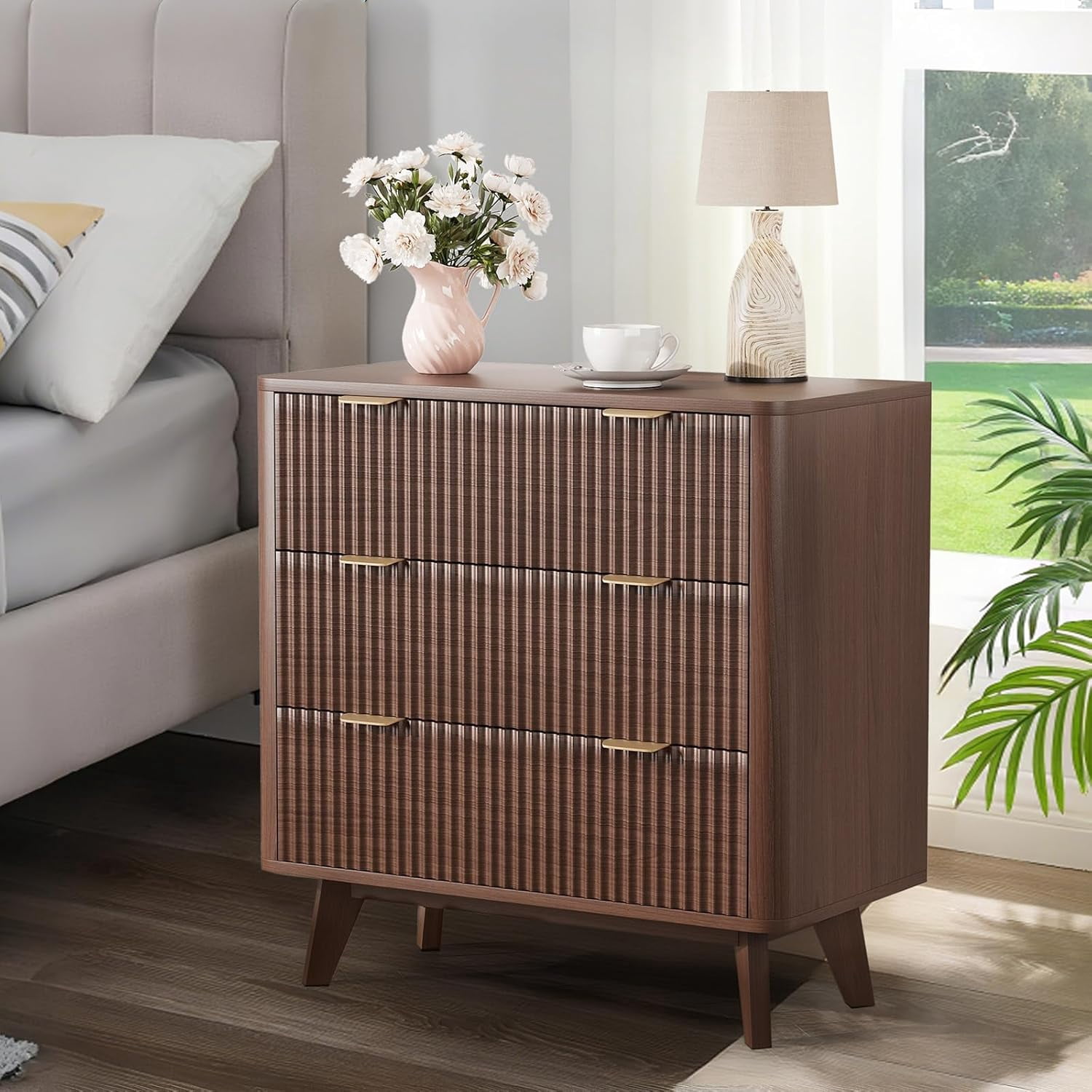 Garvee Farmhouse Nightstand for Living Room, 32" x 15.7" x 32", with 3 Drawers, Walnut Color