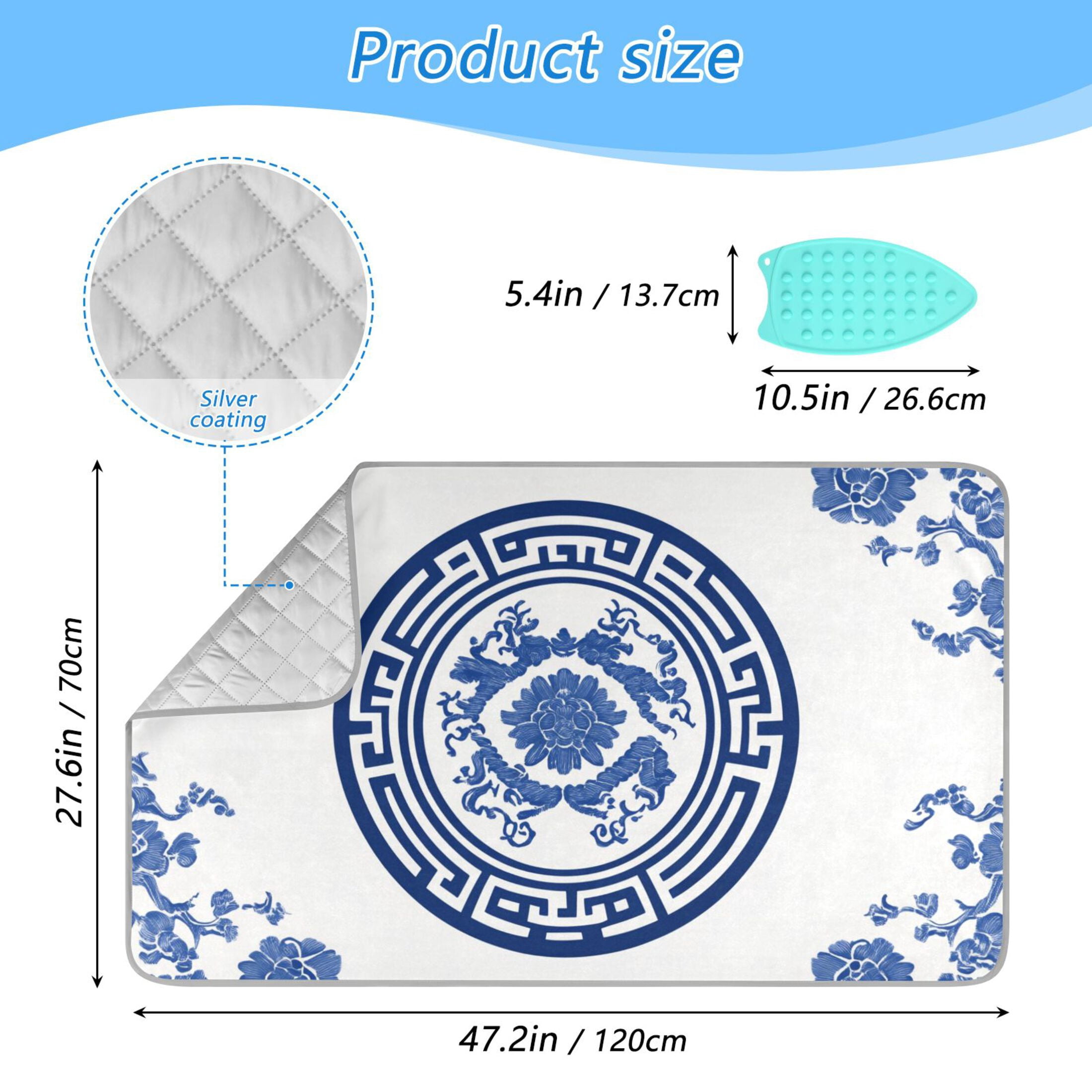 Traditional Blue White Porcelain Pattern Ironing Mat Blanket Portable Travel Ironing Pad Heat Resistant Pad 47.2" x 27.6”