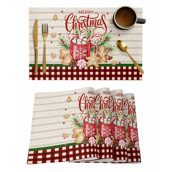 Merry Christmas Placemats Set of 12 Hot Cocoa Gingerbread Man Vintage Plaid Heat Insulation Washable Place Mats, Rustic Non-Slip Table Mats for Dining Table Party Kitchen Decor,13x19 Inch