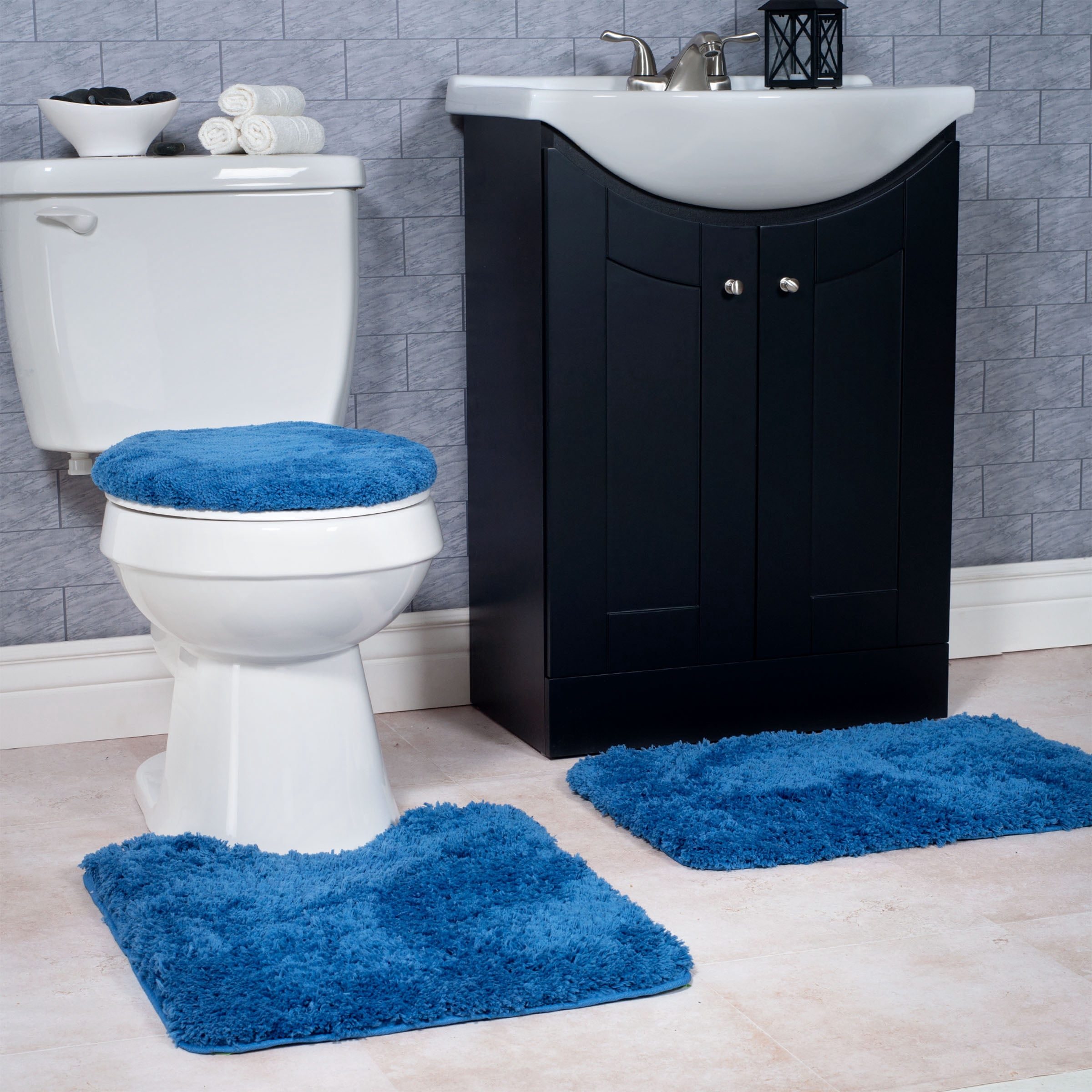 Lavish Home 3-Piece Bath Rug Set with Contour Mat and Toilet Cover (Navy)