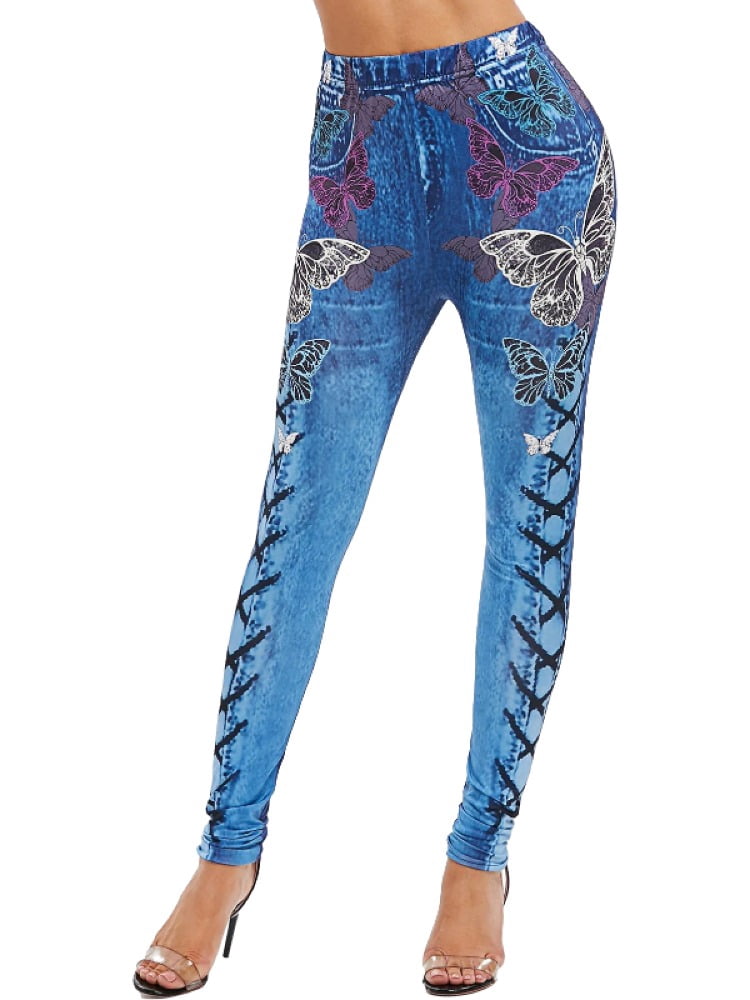 Women Faux Denim Skull Butterfly Print 