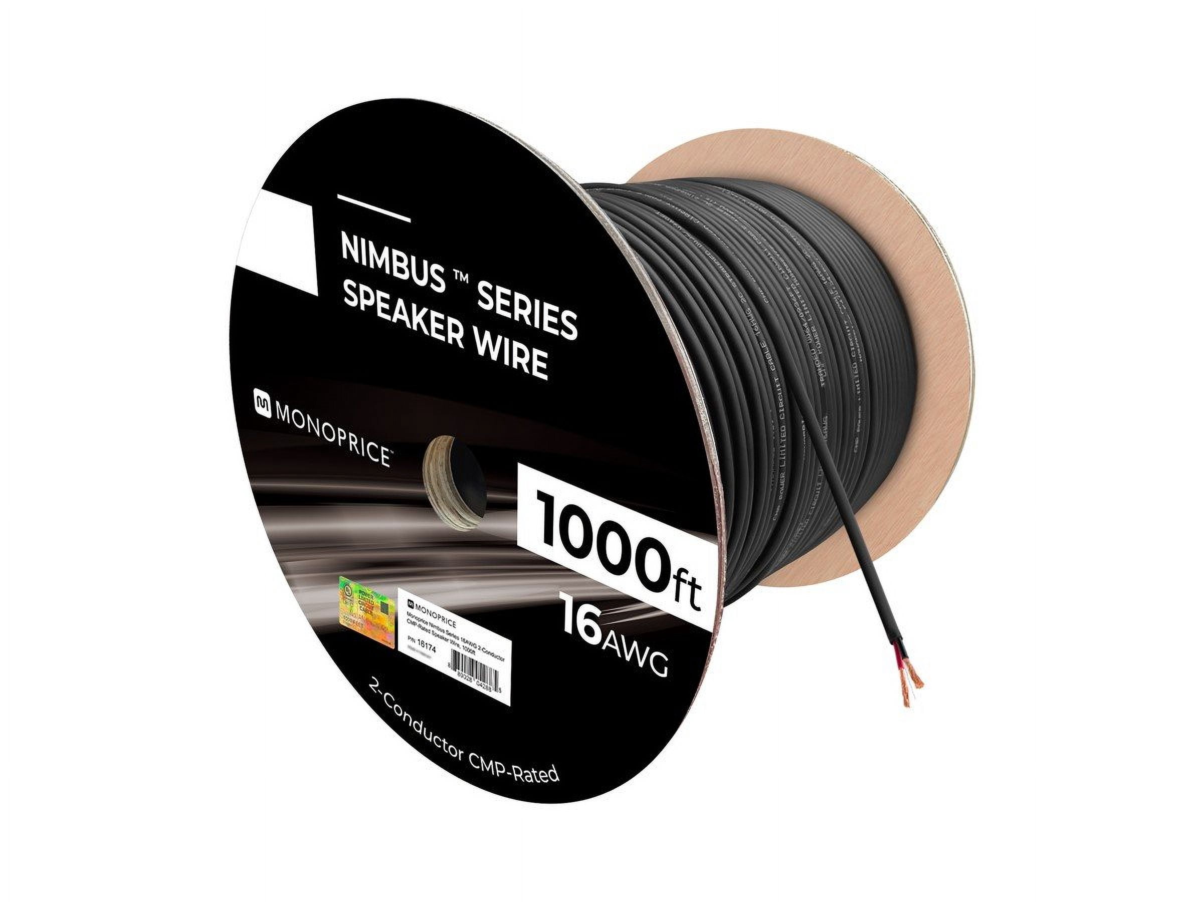 Monoprice Speaker Wire, CMP Rated, 2-Conductor, 16AWG, 1000ft, Black