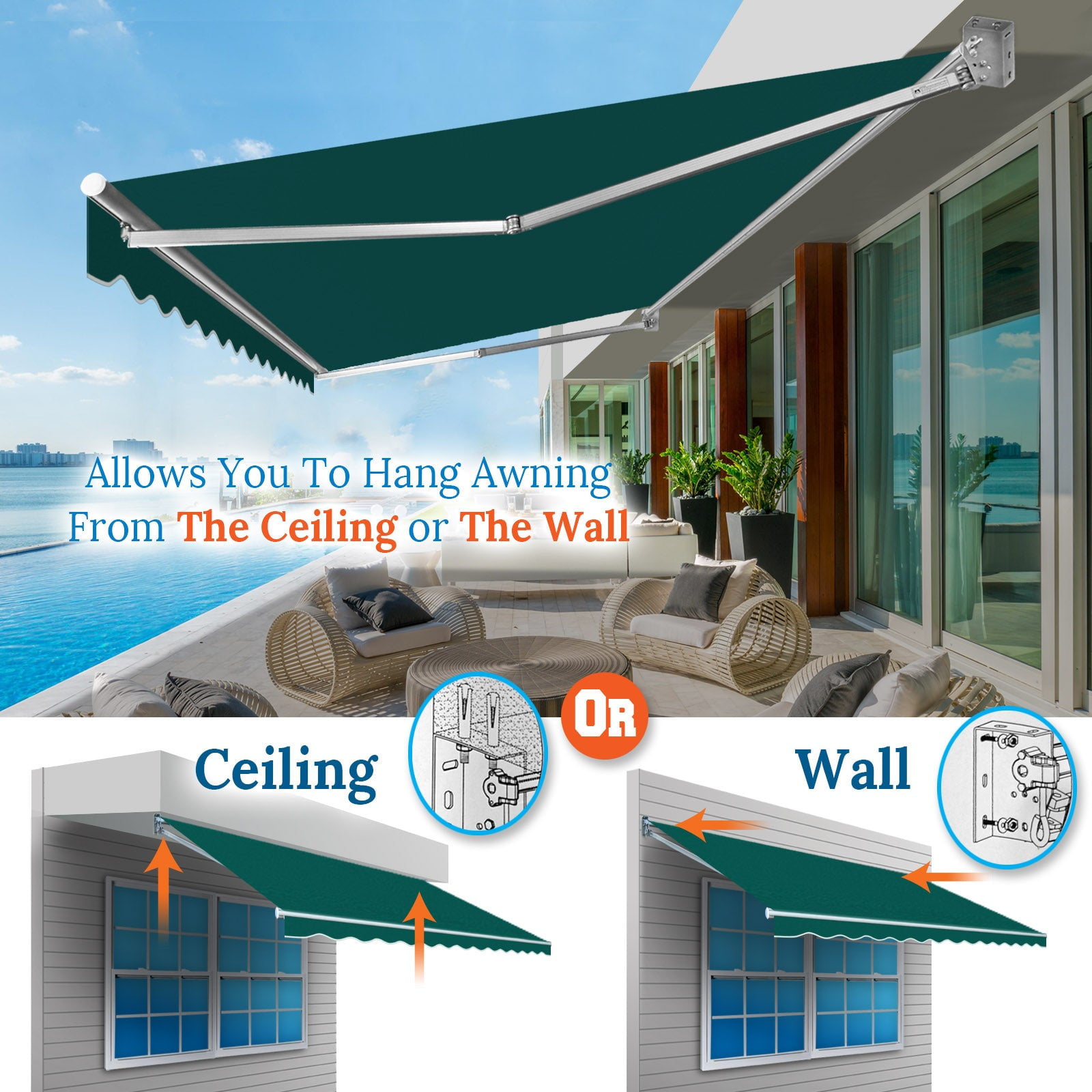 SUNNYOUTDOOR 12x10 FT Patio Awning Retractable Outdoor Sun Shade Manual Patio Deck Awning Heavy Duty Awning (Green)