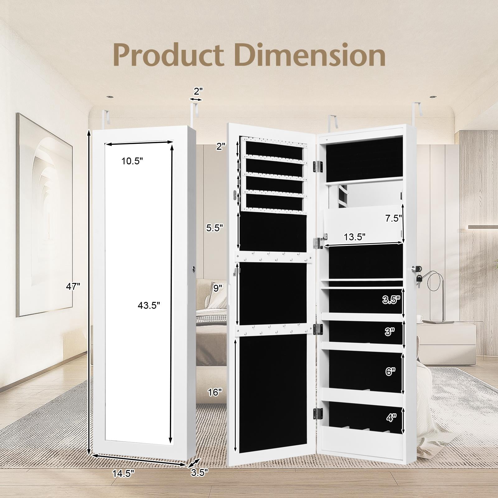 Giantex LED Jewelry Cabinet Wall Door Mounted, Lockable Jewelry Armoire w/Full Length Mirror, Cosmetics Tray, Brush Holders, Build-in Makeup Mirror for Women Girls (White)