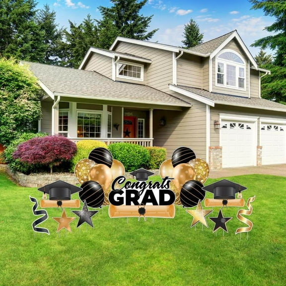 VictoryStore Congrats Grad Gold Graduation Yard Decoration Set, Outdoor Gold Graduation Display, 11 Piece Set (20025)