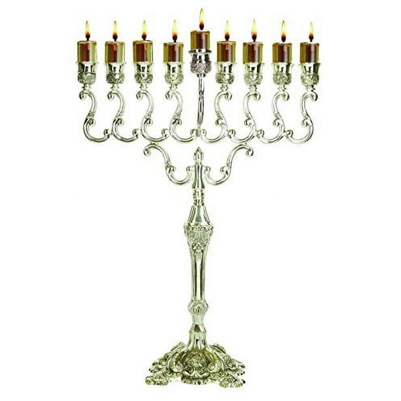 Ner Mitzvah, 16.5" High, Silver Plated Hannukah Oil Cups And Large Candles Menorah - Olive Branches Style