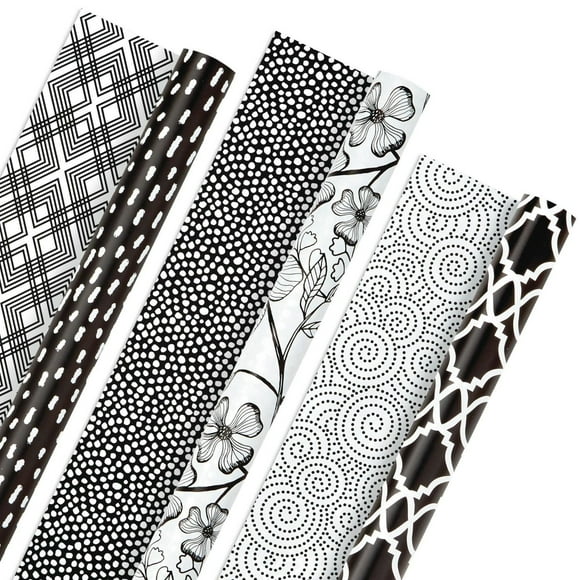 Hallmark All Occasion Reversible Wrapping Paper Bundle - Black and White Flowers and Dots (3-Pack: 75 sq. ft. ttl.)
