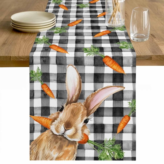 Easter Bunny Table Runner 36 Inches Long Farmhouse Dress Scarves, Spring Rabbits Carrots Black Buffalo Plaid Dining Tablerunner for Coffee Table/Kitchen Island/Party Décor, Small 13" x 36"