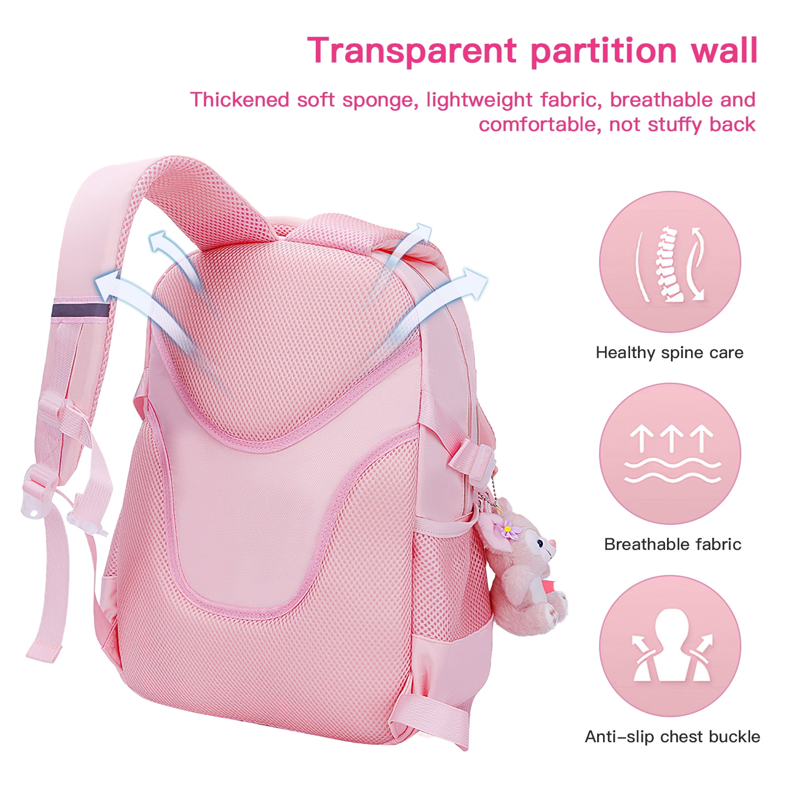 Kadyn Travel Backpacks, Cute Bookbag for Teen, Multifunctional School Durable Schoolbag with Lina Bell, 3 Decorative Cards and Lunch Bag, Pink