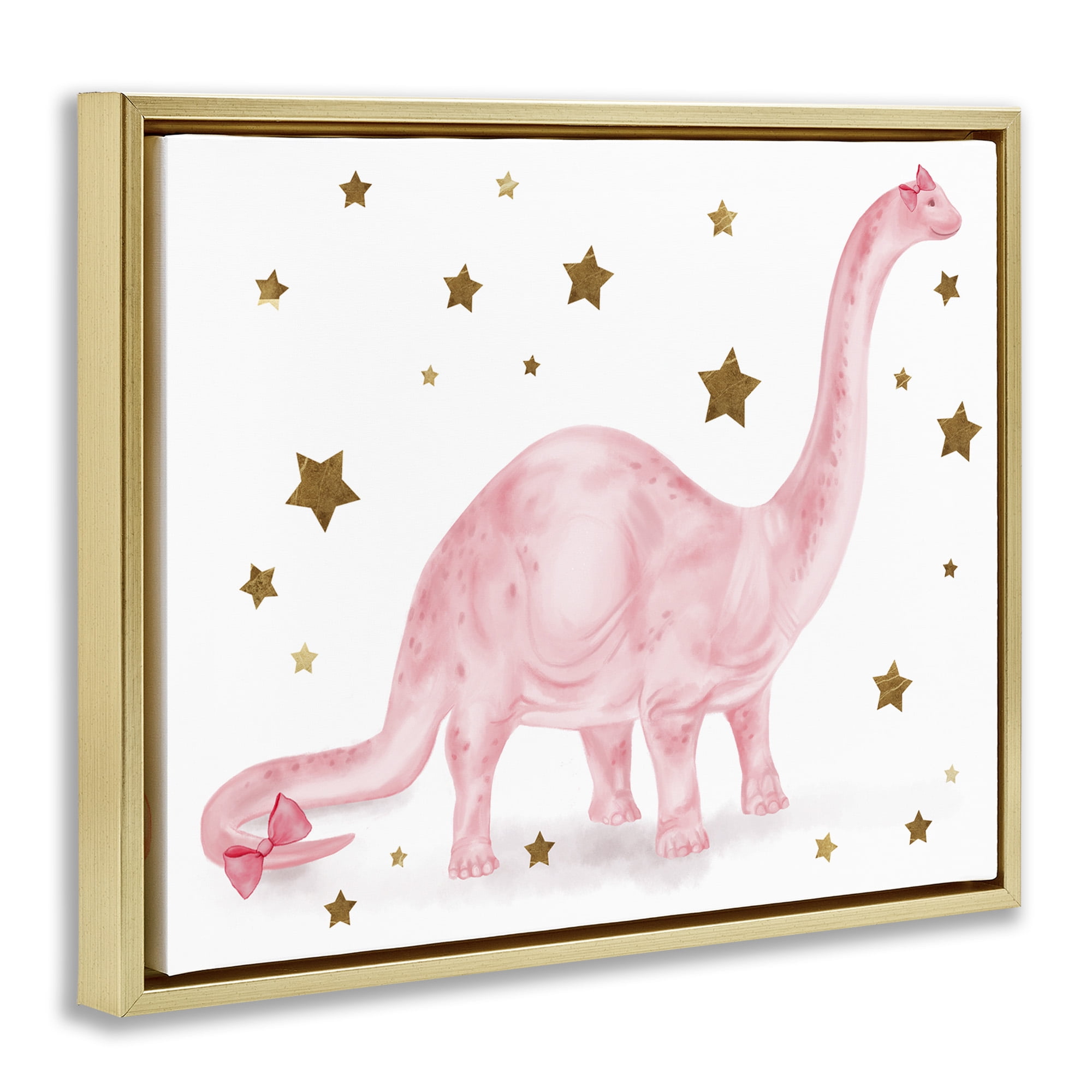 Stupell Industries Pink Dinosaur with Gold Stars Animals & Insects Painting Gold Floater Framed Canvas Art Print Wall Art, 31 x 25