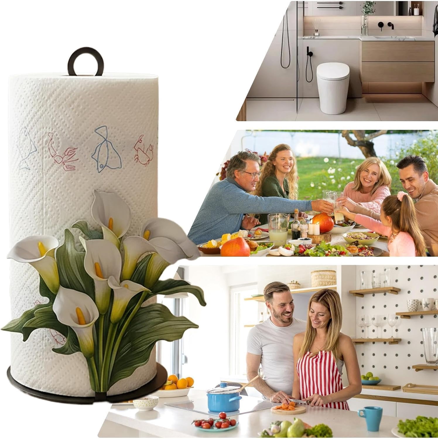 Decorative Paper Towel Holder with Flower Pattern – Freestanding Tissue Roll Rack for Home, Kitchen, Bathroom, or Office