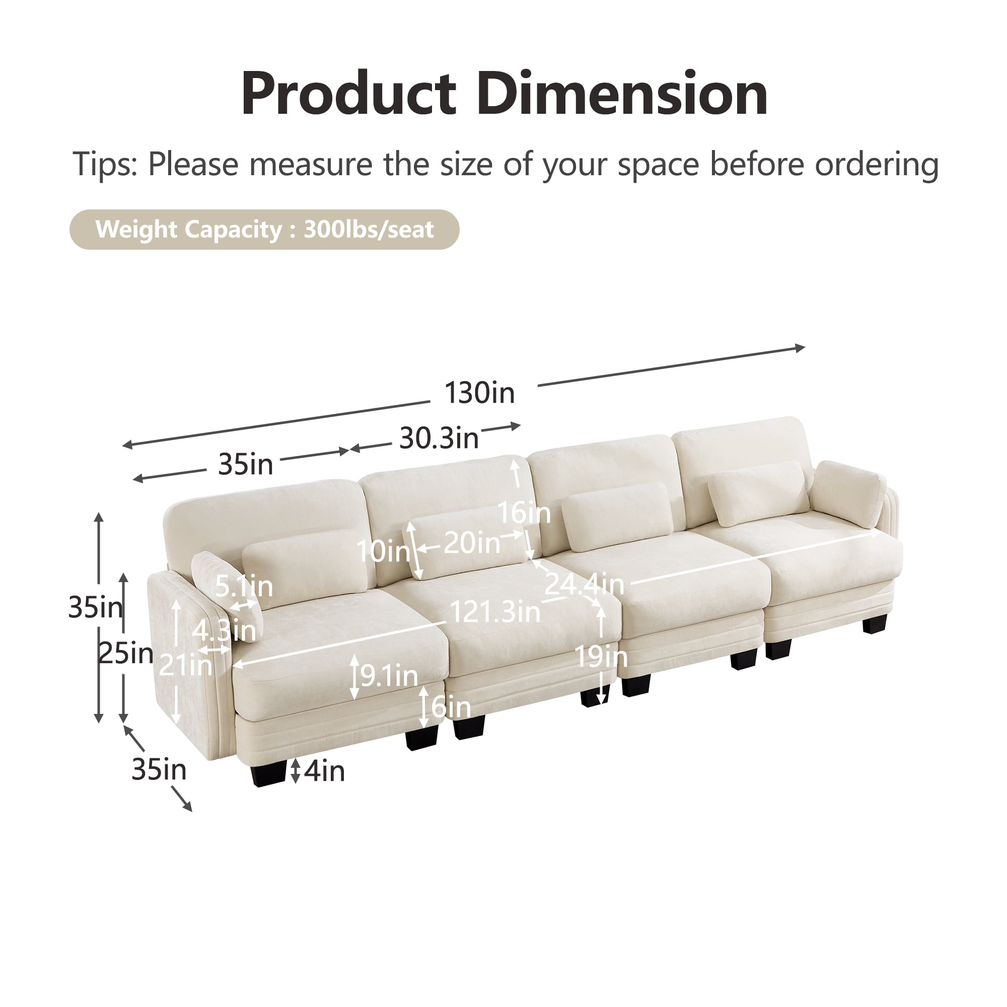 130" Tufted Modern Modular Sectional 4 Seater Sofa Couch with 6 Pillows