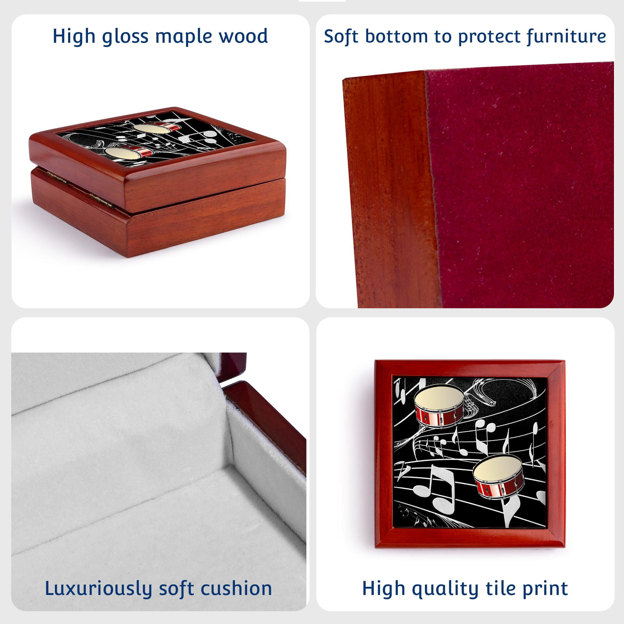 3dRose, Red Drums On Music Notes, Jewelry Box 5.5x5.5 inch with 4 inch tile