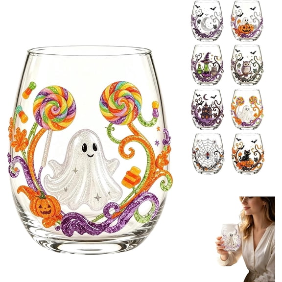 2D Halloween Artisan Glassware Collection, Stemless Drinking Glasses with Raised Pumpkin Ghost Black Cat Web Design, Spooky Clear Cups for Cocktails Juice Iced Coffee Decor