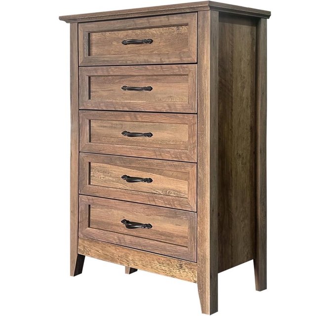 Commode Rustique à 5 Tiroirs, Grand Organisateur de Rangement en Bois pour Chambre, Nursery