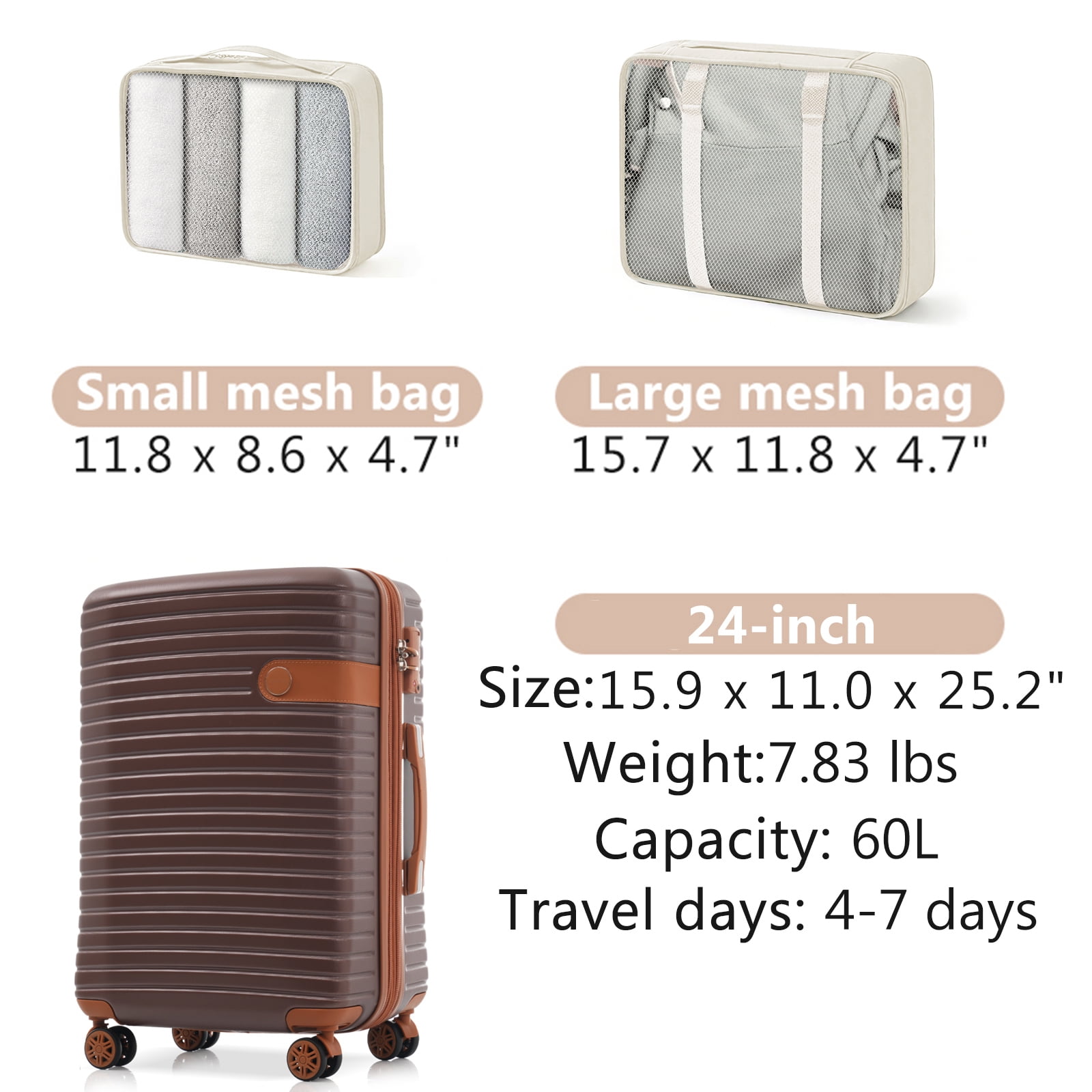 Euroco Luggage Set 3 Piece,Lightweight Expandable 24" Checked Suitcase with TSA Lock,2 Packing Cubes and Spinner Wheels for Travel,Brown