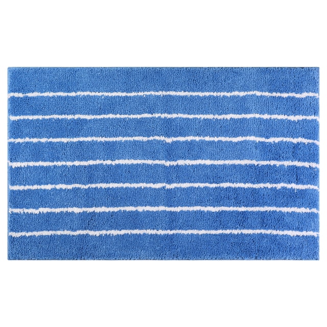 Alfombra de baño REGALWOVEN a rayas, suave y esponjosa, antideslizante, tapete absorbente de agua para bañera, ducha azul 16" x 24"