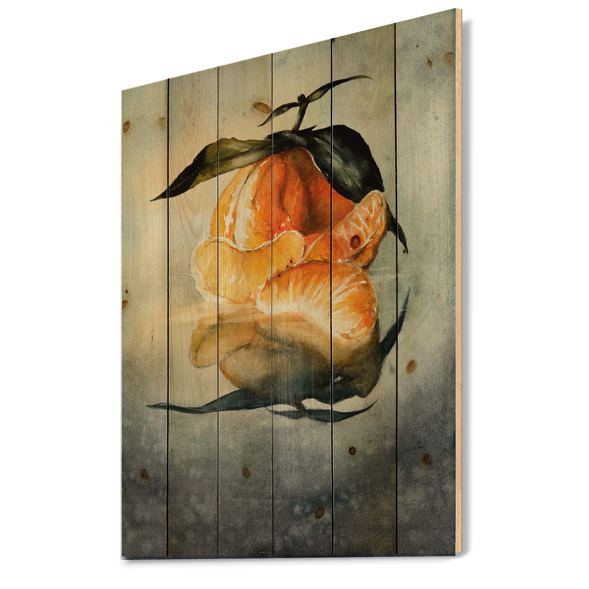 Designart 'One Peeled Fresh Orange Mandarin Under Green Leaves' Traditional Print on Natural Pine Wood