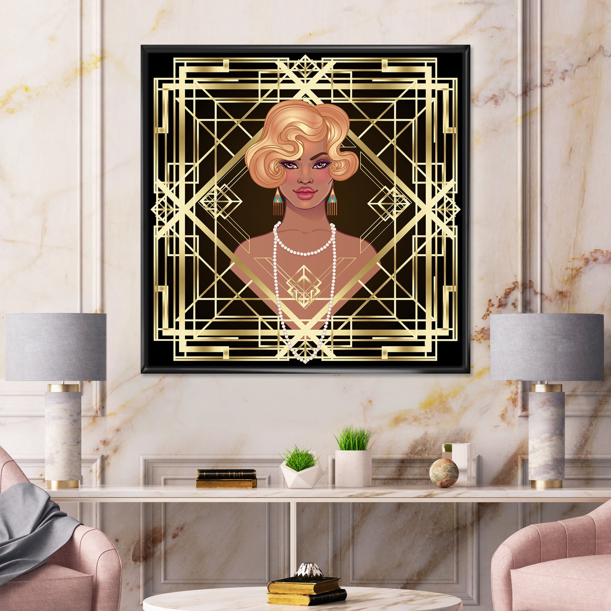 Designart 'Retro Girl In Golden Art Deco Geometrics III' Modern Framed Canvas Wall Art Print
