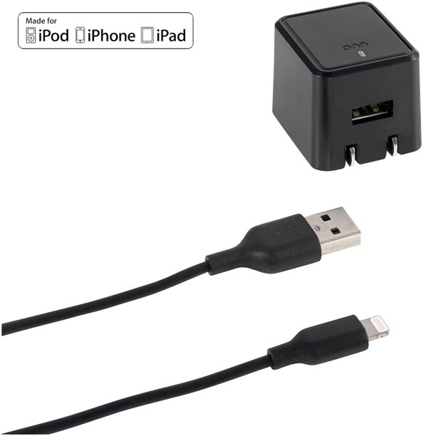 onn. Black Wall Charger with Lightning Sync & Charge Cable, 3