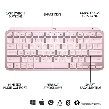 Logitech - MX Keys Mini TKL Wireless Bluetooth Scissor Keyboard with Backlit Keys - Rose