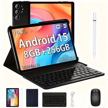 2025 Android 15 10.1" 2-in-1 Tablet - 8GB RAM 256GB ROM, 8000mAh, 1080P 1280x800 IPS, 5MP+16MP, 5G WiFi, Owl No-Electric Stylus, Keyboard/Case