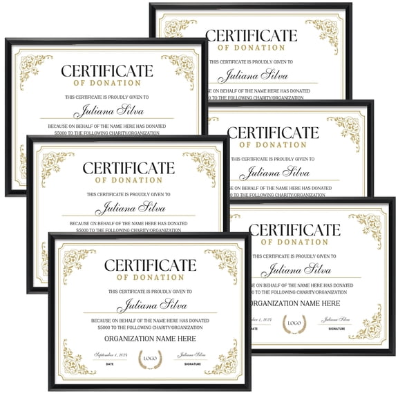 8.5x11 Picture Frame Set of 6, Black Certificate Frame Wall or Tabletop Photo Frame