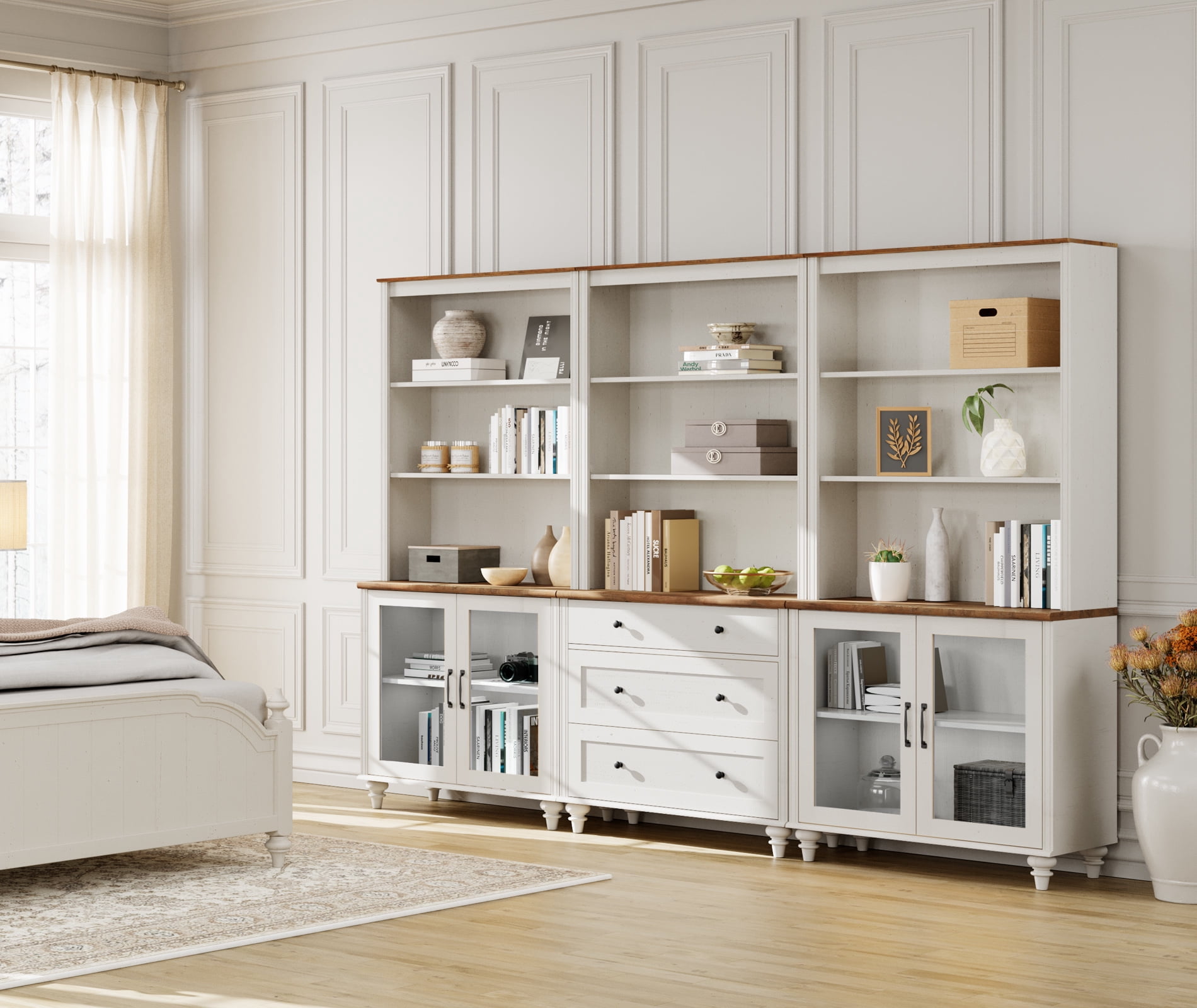 Farmhouse White Sideboard Credenza 72" Tall with 5-Tier Storage, Adjustable Shelves and Glass Door Storage Cabinet for Living Room, Study & Bedroom