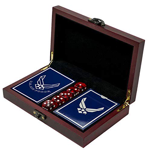 Air Force Playing Cards with Dice USAF Gift Set – Wooden Keepsake Box Adorned with Metal USAF Emblem - Veteran Owned Business