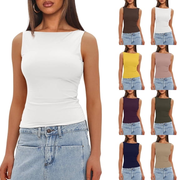 Womens Boat Neck Tank Tops Sleeveless Slim Fit Shirts Summer Going Out Y2K Fashion Clothes White XL