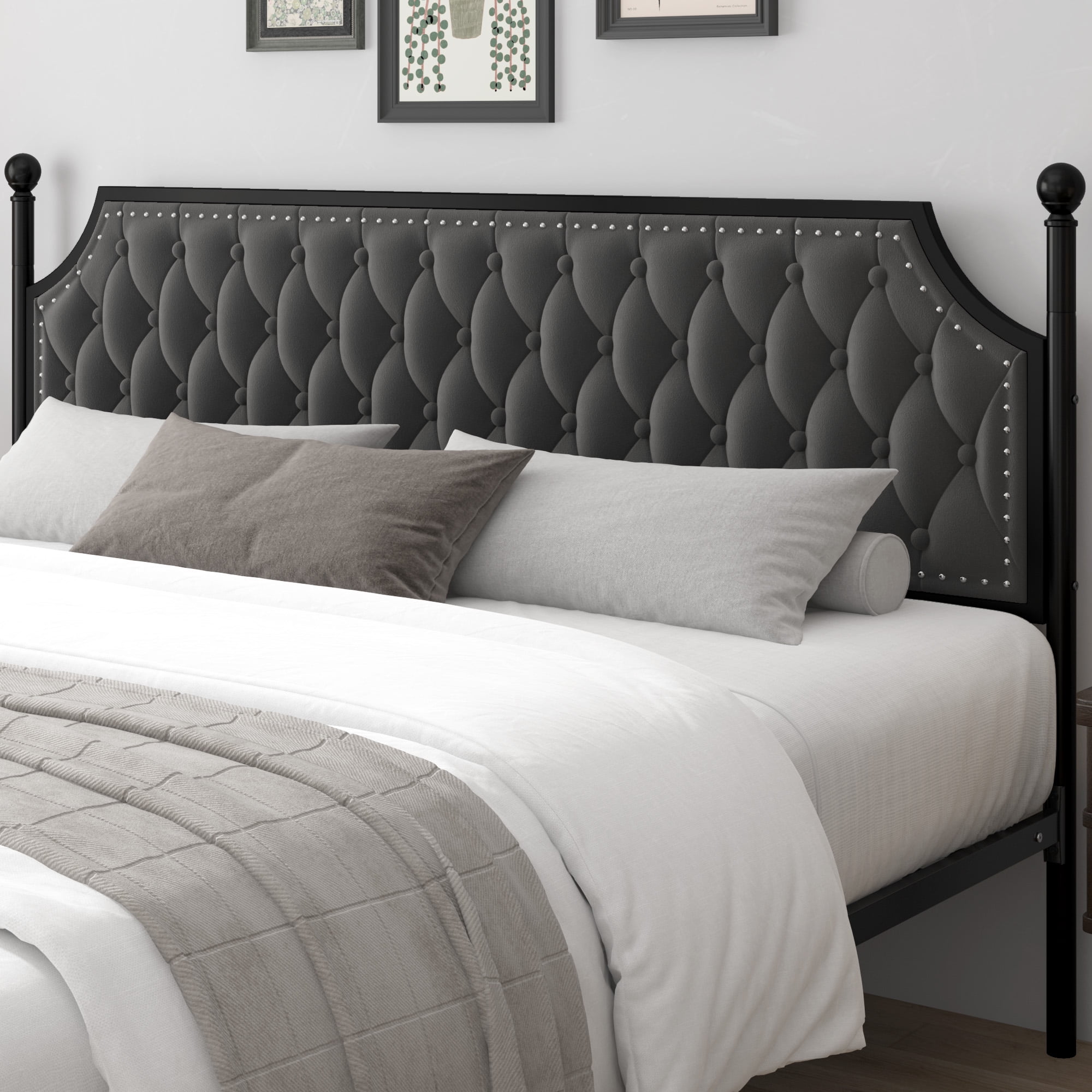 Homfa King Canopy Bed Frame for Bedroom with Drawer, Modern Platform Bed with Button Tufted Upholstered Headboard, Canopy Bed Curtain Not Included, Dark Gray