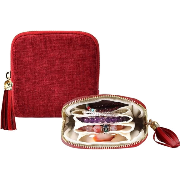 Topboutique Travel Jewelry Bag 5-Layer Zipper Pouch Bag Organizer Case Small Storage Bag for Rings Necklaces & Earrings - for On-the-Go, Red