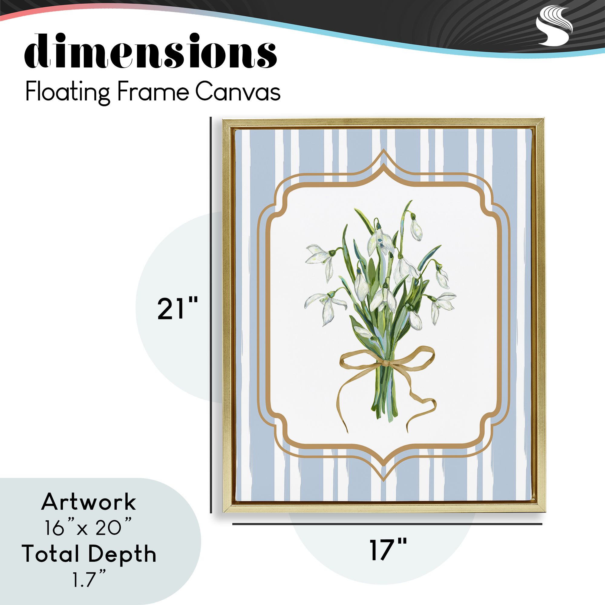 White Flower Bundle on Stripes Gold Framed Floater Canvas Wall Art, design by Adonna Ebrahimi