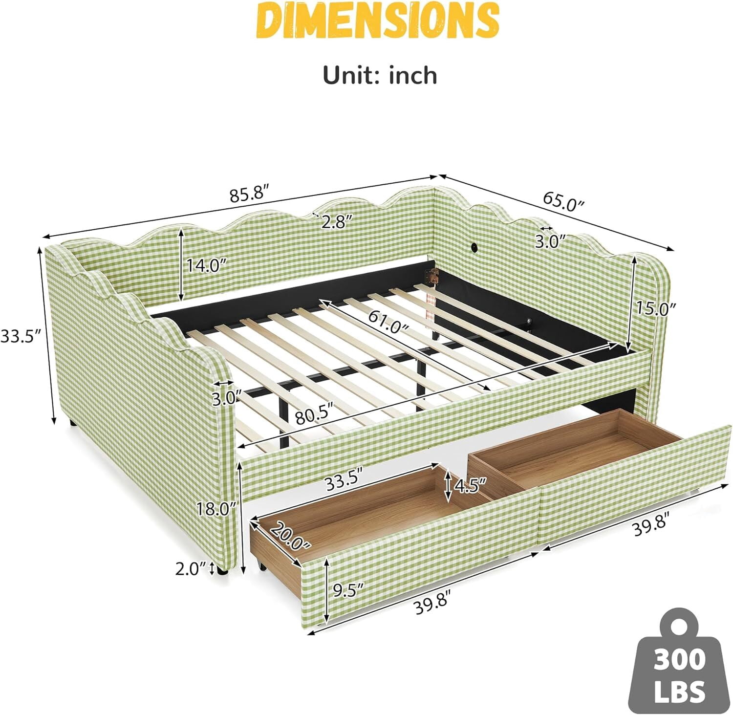avobird Cozy Gingham Daybed with 2 Storage Drawers Queen Size Sofa Bed for Living Room, Sleeper Sofa with USB Port and Adorable Wave Shaped, Linen Fabric, Green